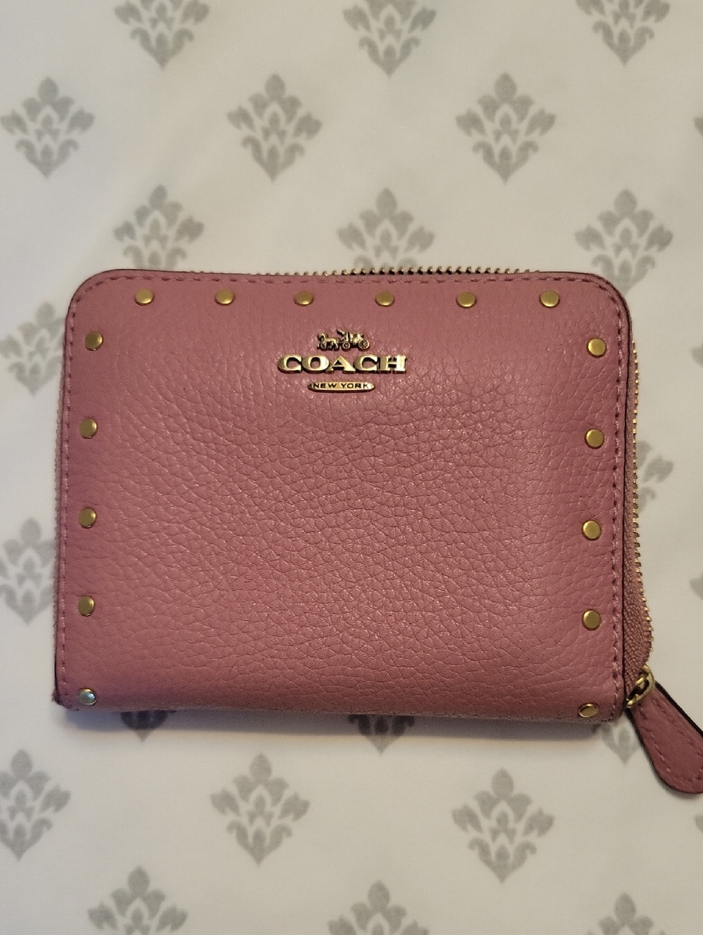 Coach Pink Pebble Leather Zip Wallet with Gold Studs
